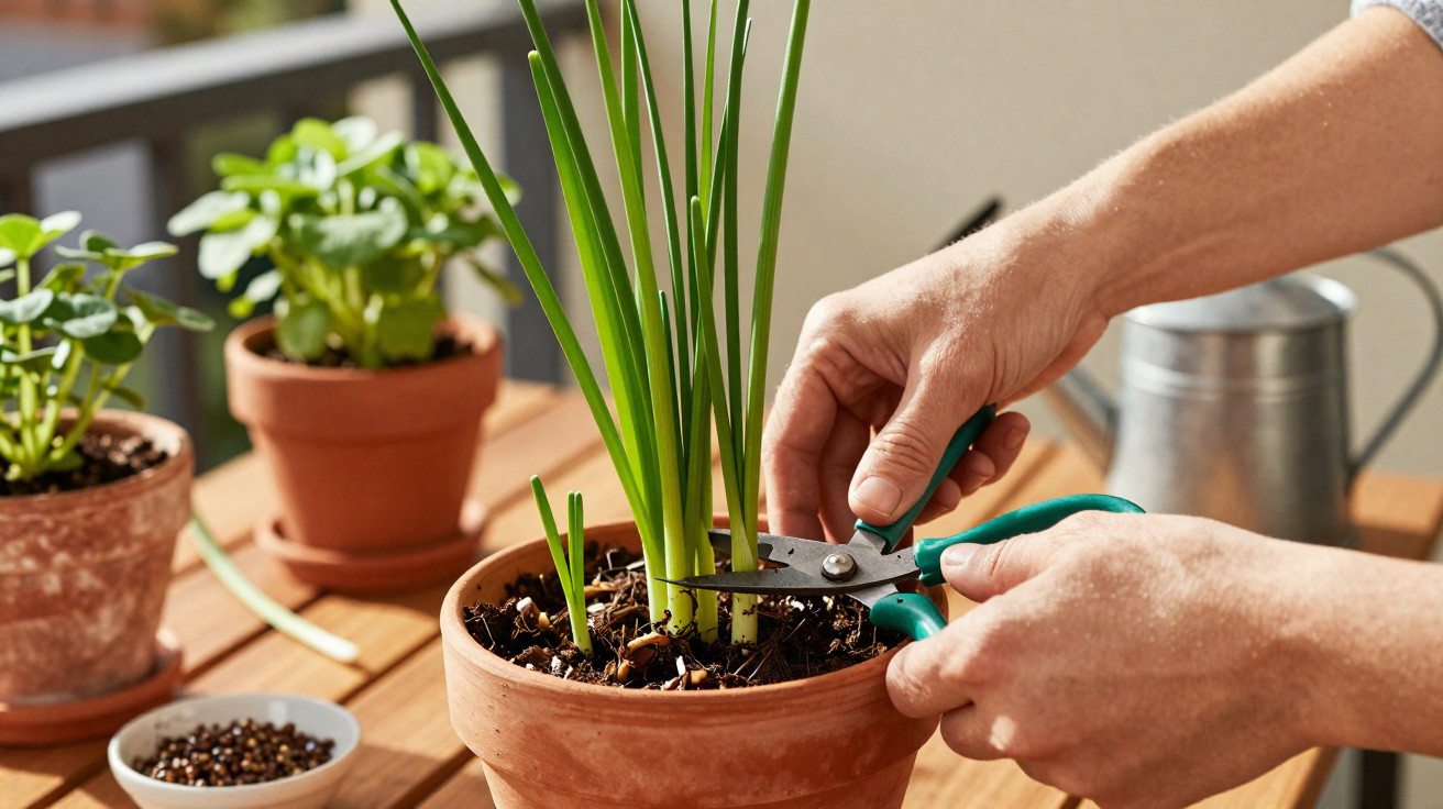Mains coupant des feuilles de plante verte dans un pot en terre cuite sur une table en bois.