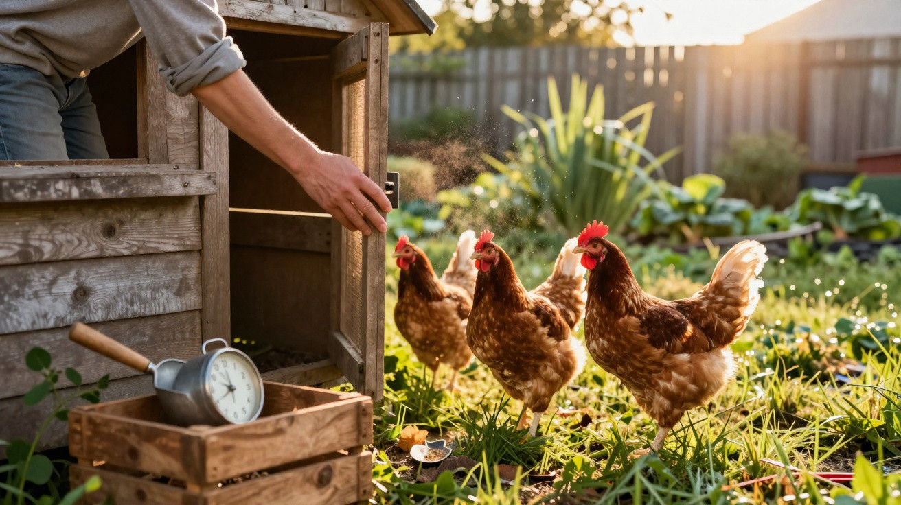 Un homme nourrit des poules dans un poulailler en bois au coucher du soleil dans un jardin.