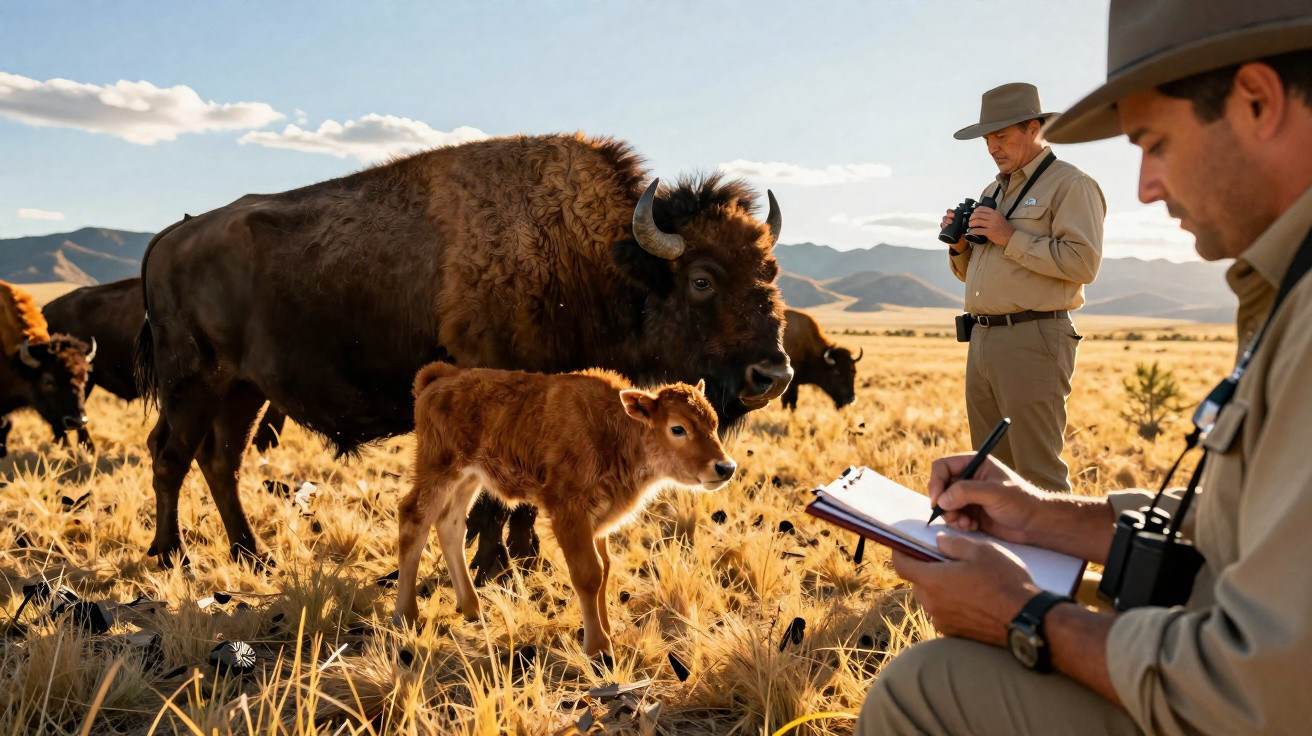 Deux chercheurs observent et prennent des notes près d’un bison adulte et son petit dans une prairie.