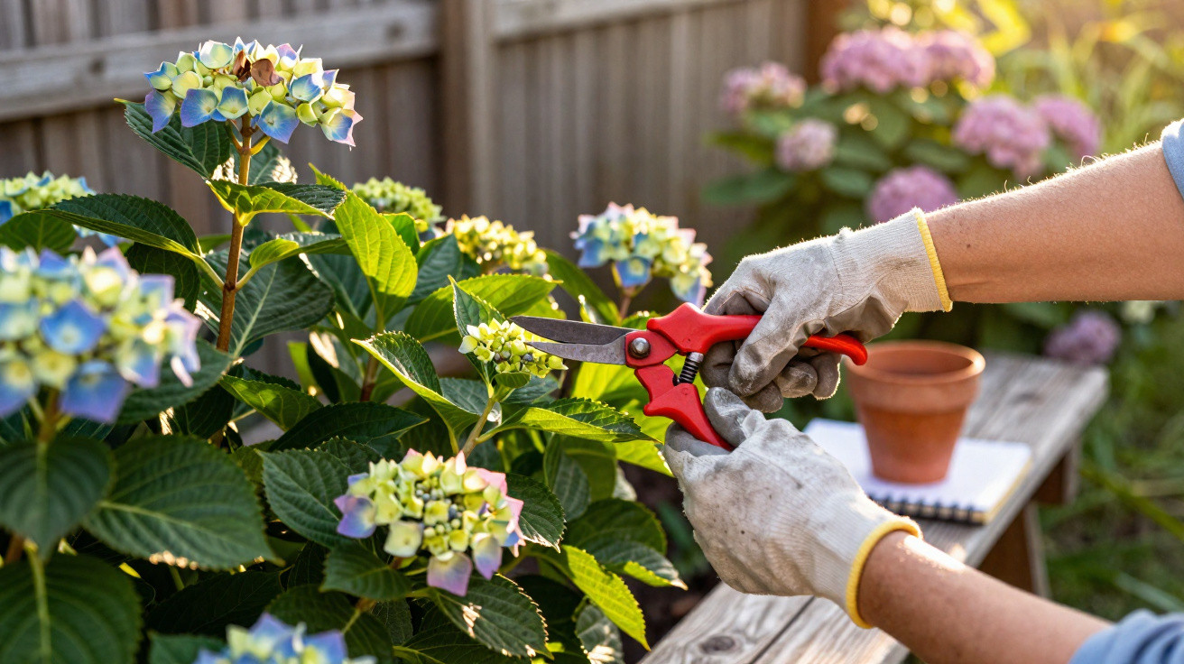 Personne avec gants coupant les fleurs d'un hortensia avec un sécateur rouge dans un jardin ensoleillé.