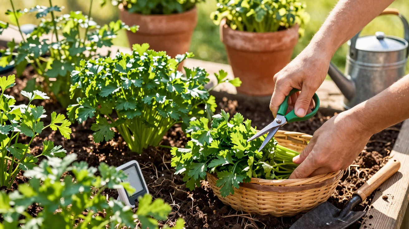Deux mains coupant du persil vert avec un sécateur dans un panier au potager en plein soleil.