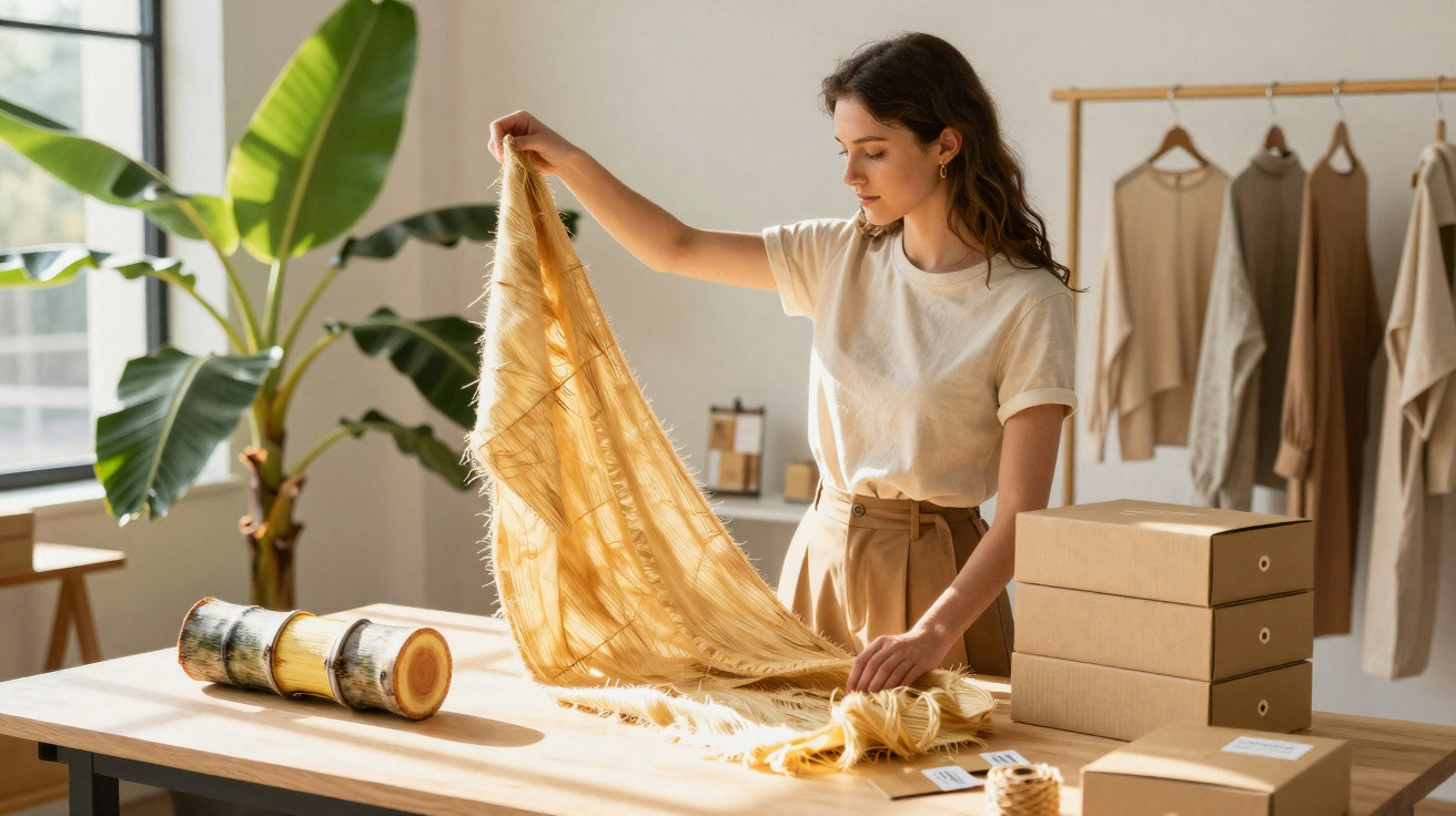 Femme examinant un tissu jaune sur une table en bois dans un atelier lumineux avec des vêtements suspendus.