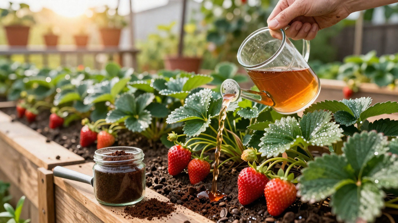 Arrosage des plants de fraises dans un jardin surélevé avec un arrosoir rempli de liquide brun.