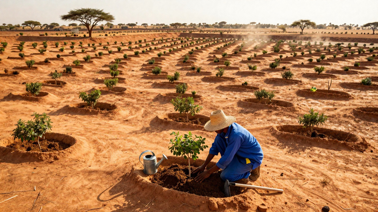 Agriculteur plantant un arbre dans un désert aménagé en cercles pour lutter contre la désertification.