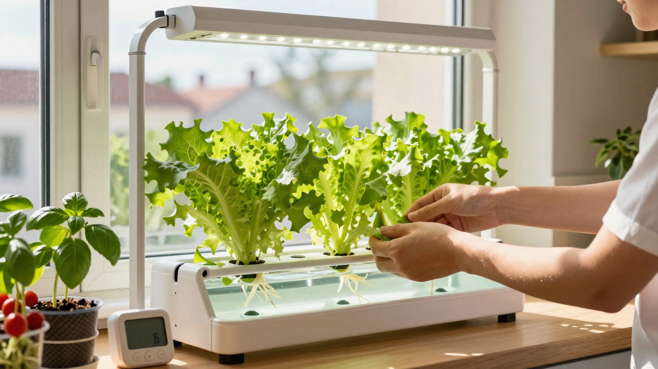 Personne cultivant des laitues en hydroponie sur un appareil lumineux près d'une fenêtre ensoleillée.