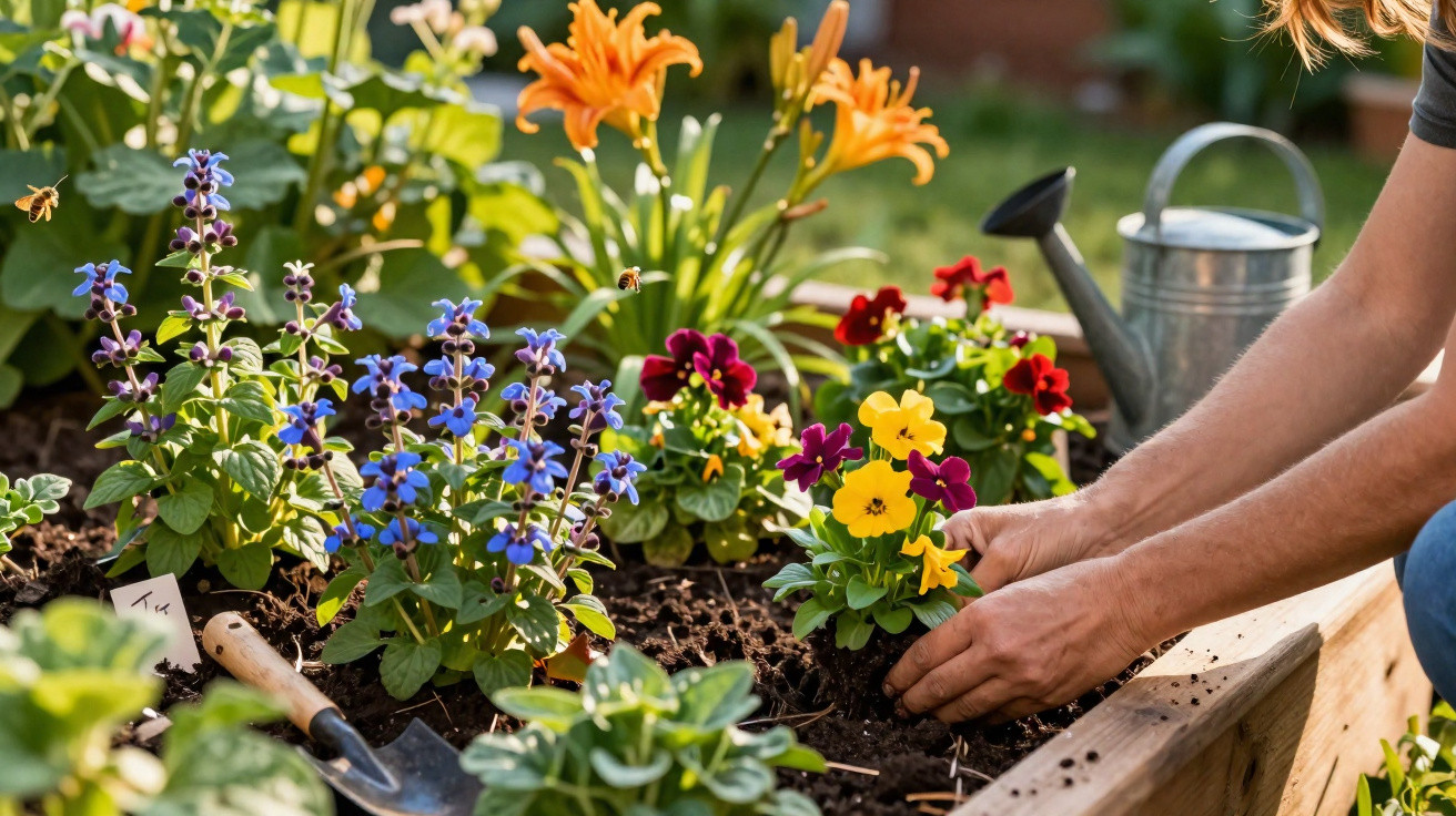 Des mains plantant des fleurs colorées dans un potager surélevé en pleine lumière du jour.