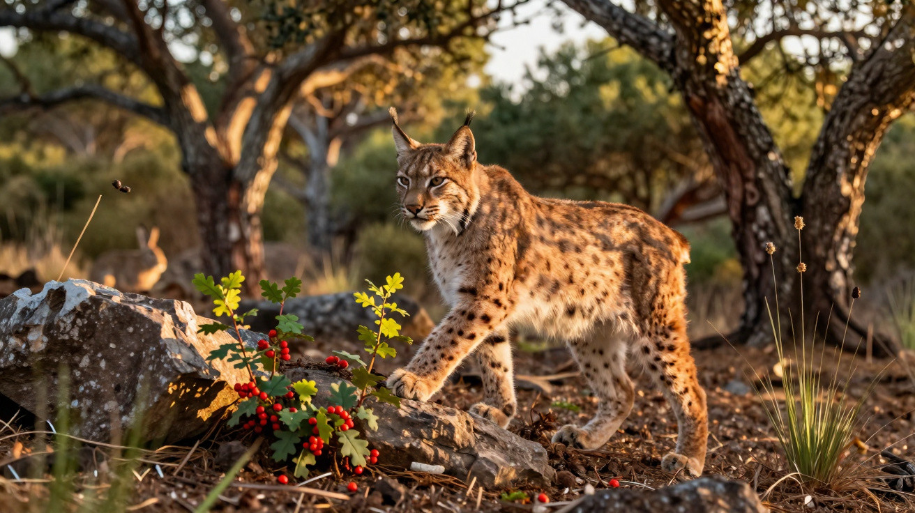 Lynx marchant dans une forêt ensoleillée avec des baies rouges et des arbres en arrière-plan.