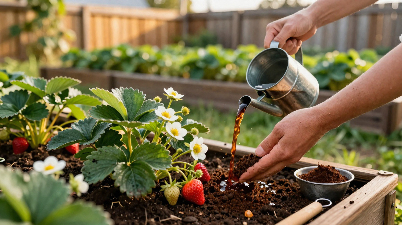 Une personne arrose un plant de fraises en fleurs dans un jardin potager surélevé au soleil.