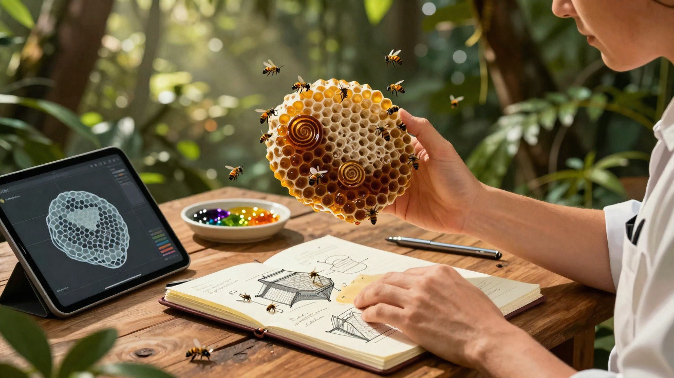 Une personne tenant une ruche avec des abeilles, dessine un projet d'architecture apicole à côté d'une tablette.
