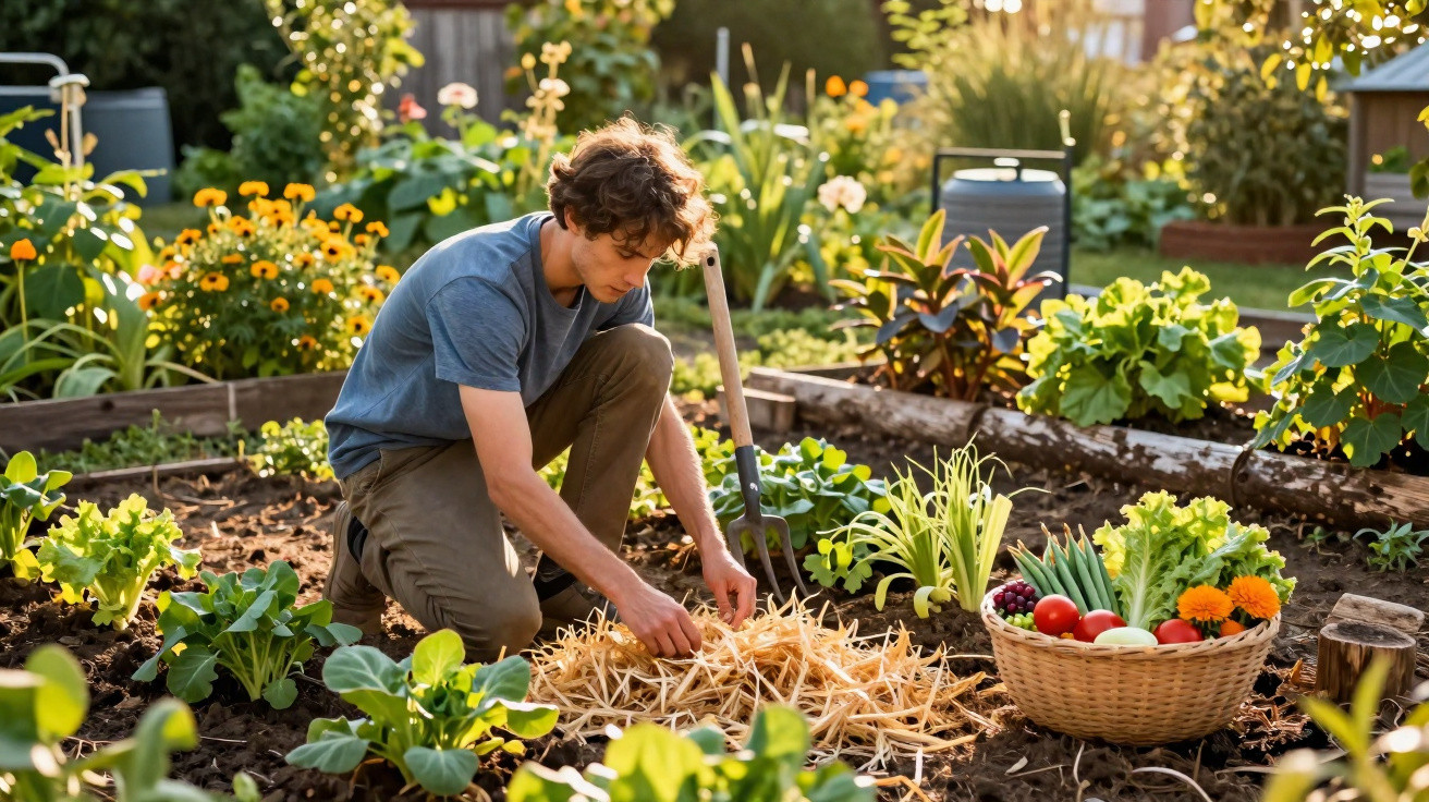 Jeune homme jardinier déposant du paillis autour des plantes dans un jardin potager ensoleillé.