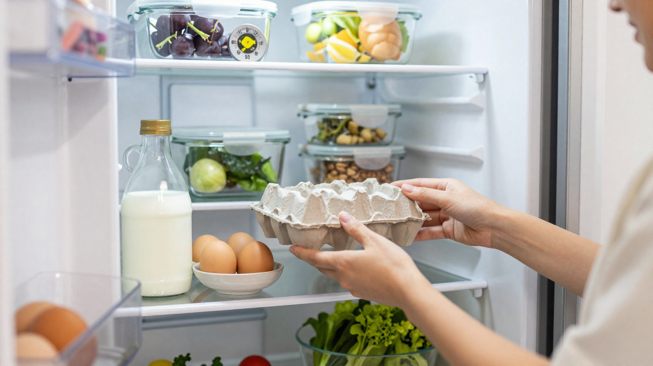 Personne rangeant un carton d'œufs vide dans un réfrigérateur rempli de légumes et de produits frais.