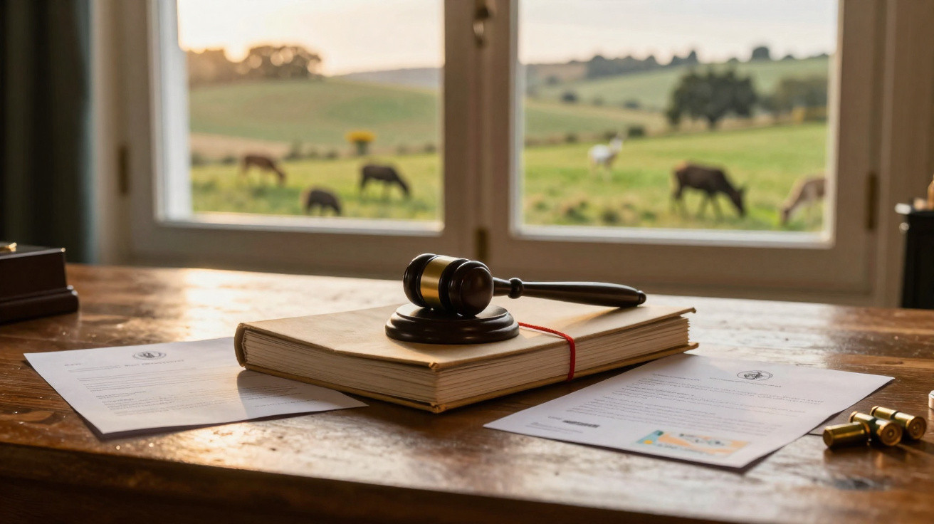 Maillet de juge posé sur un livre épais avec des documents et des cartouches sur une table en bois devant une fenêtre ouverte