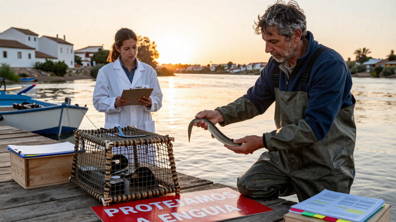 Chercheuse en blouse blanche et pêcheur en waders examinent une anguille sur un ponton au coucher du soleil.