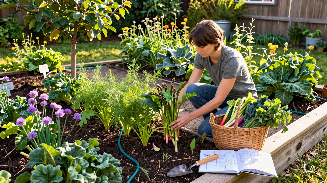 Femme récoltant des légumes dans un potager surélevé ensoleillé avec panier et cahier de notes.