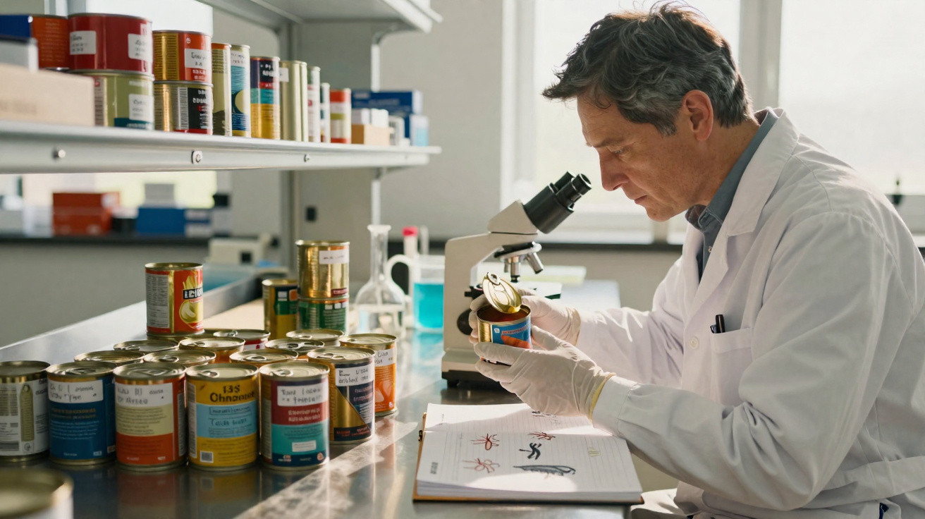 Un scientifique en blouse blanche examine une conserve alimentaire dans un laboratoire avec microscope et livres ouverts.