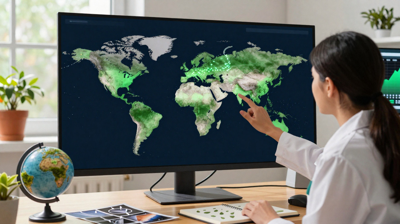 Femme en blouse blanche pointe une carte du monde verte affichée sur un écran dans un bureau lumineux.