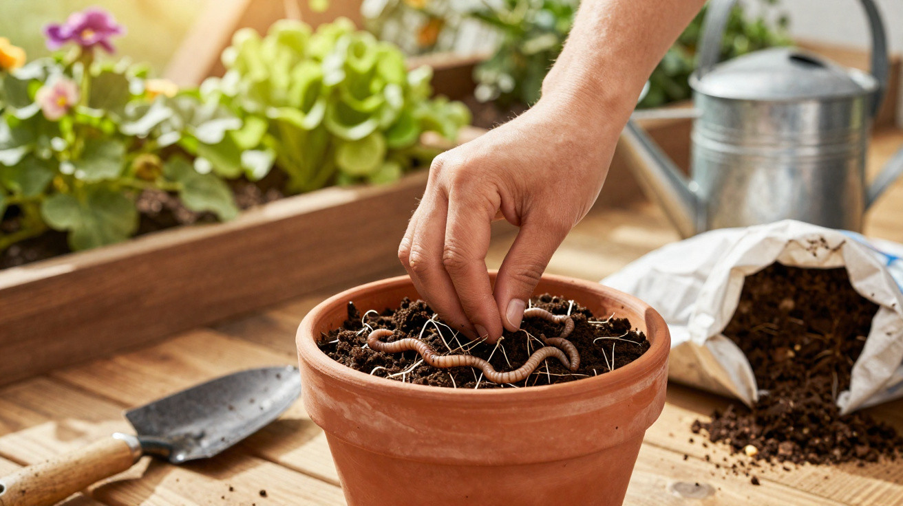 Main déposant un ver de terre dans un pot en terre cuite avec outils de jardinage à proximité.