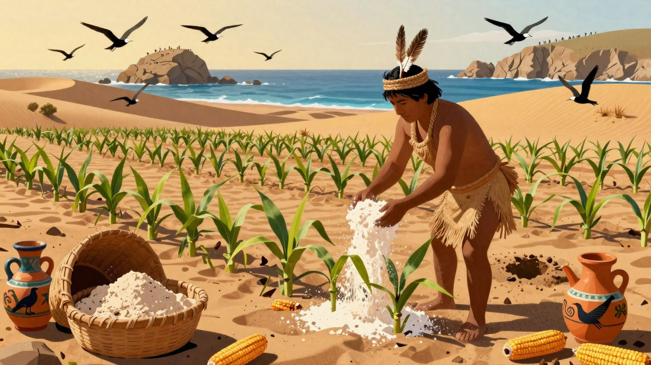 Homme autochtone fertilisant des plants de maïs dans un champ désertique près de la mer au coucher du soleil.