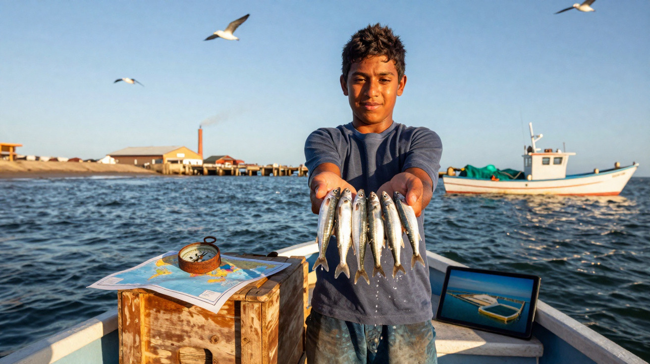 Jeune garçon dans un bateau montrant six petits poissons frais pêchés, mer et bateau en arrière-plan.