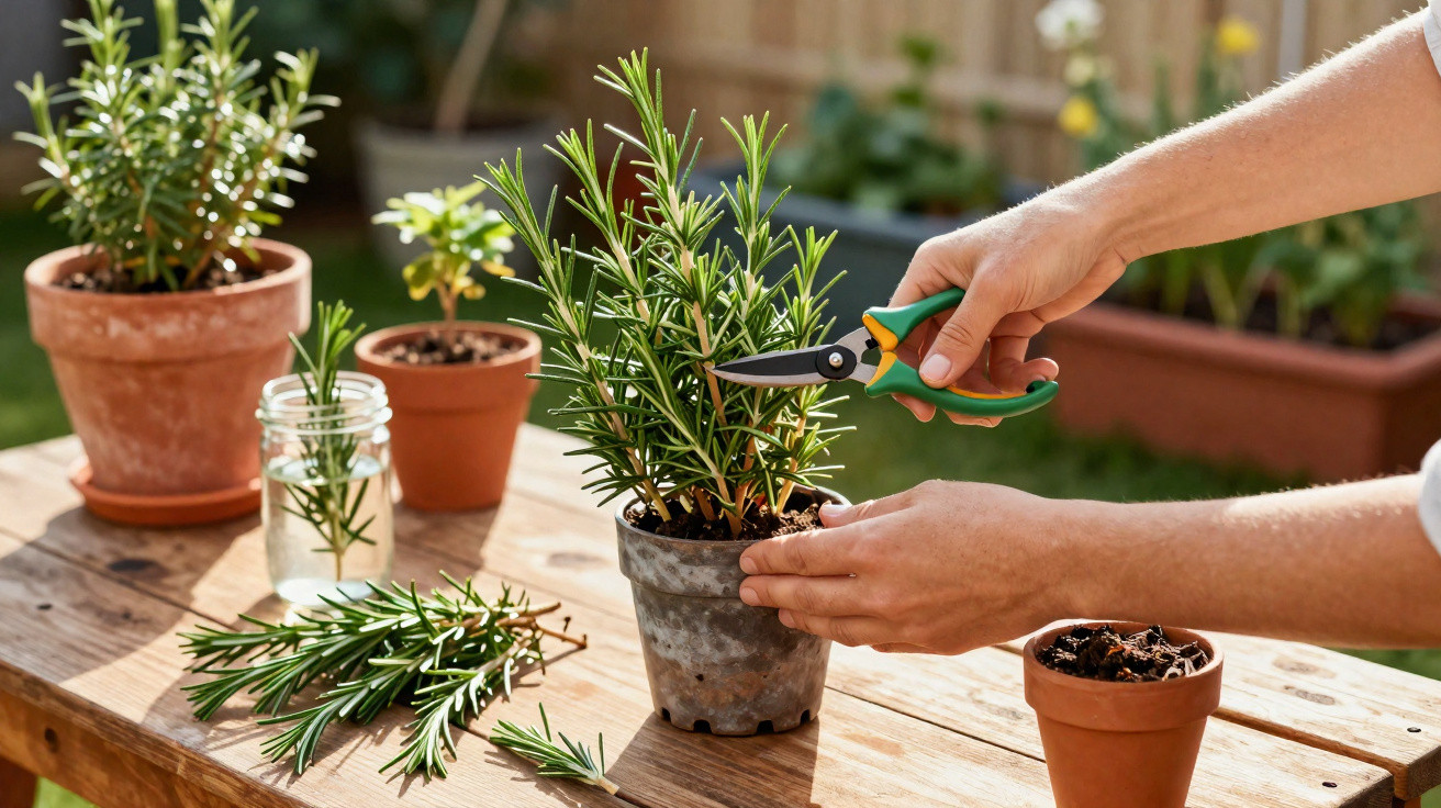 Deux mains taillent un plant de romarin en pot sur une table en bois en plein air.