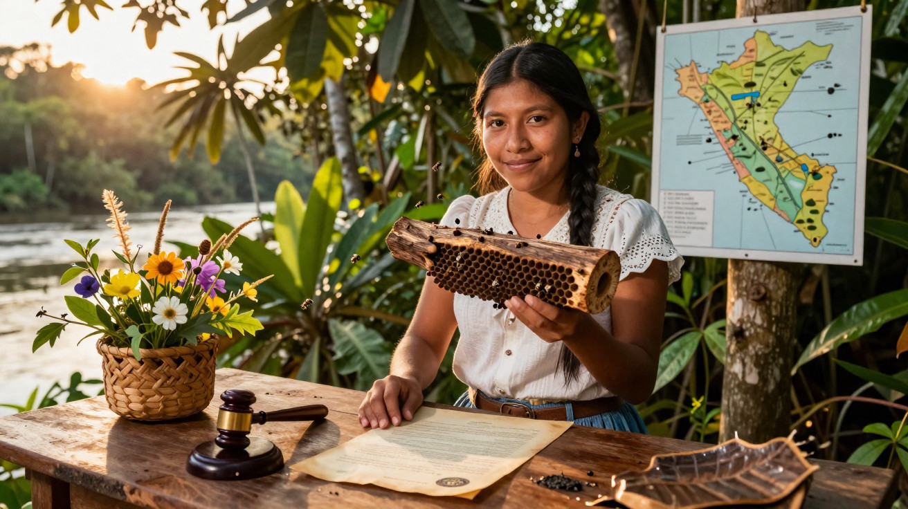 Jeune femme autochtone tenant une ruche devant une carte, assise à une table en bois avec des fleurs et un document officiel.
