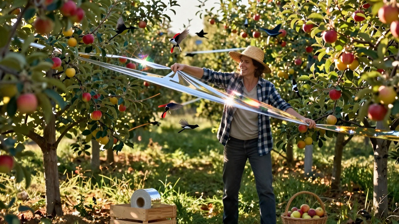 Agriculteur étirant un film protecteur anti-oiseaux dans un verger de pommiers ensoleillé au printemps.