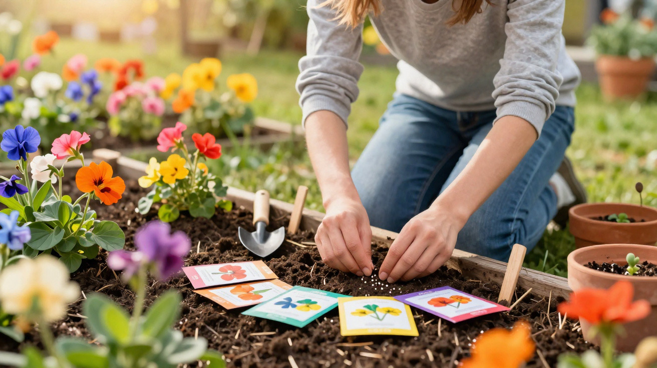 Personne plantant des graines dans un jardin avec des sachets de graines colorés à proximité.