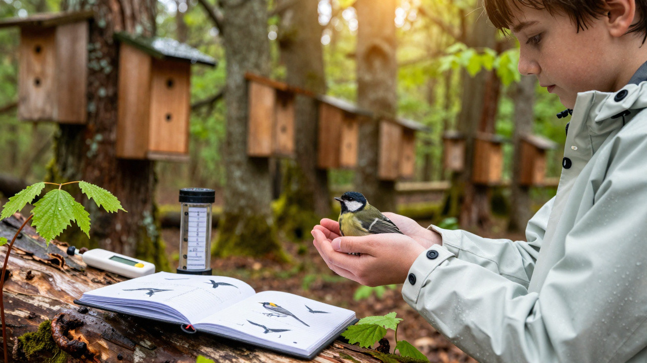 Enfant tenant un oiseau dans ses mains près d'un carnet d'observation et nichoirs en forêt au lever du soleil.
