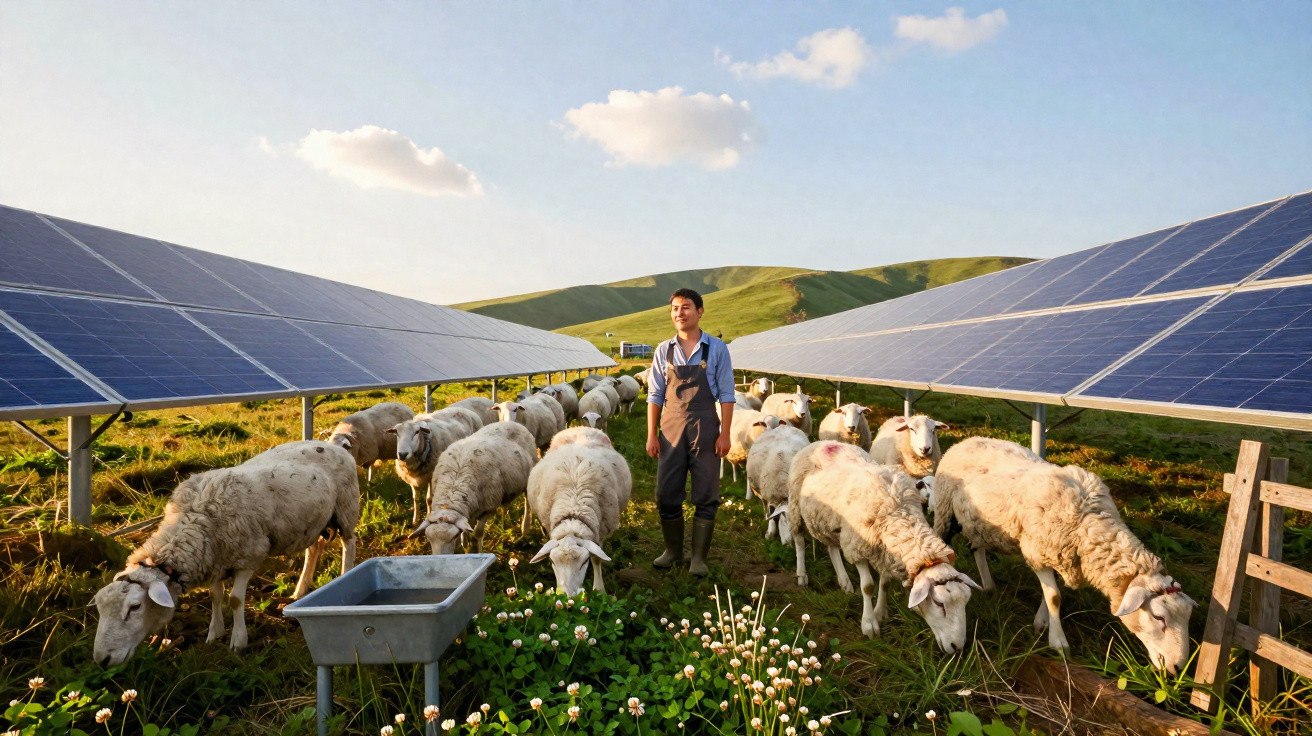 Un berger debout parmi un troupeau de moutons entre des rangées de panneaux solaires au coucher du soleil.