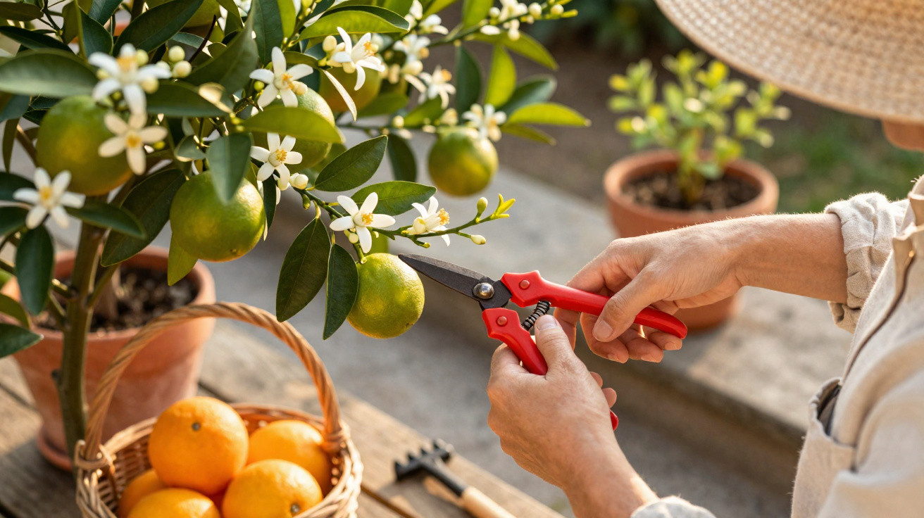 Personne taillant un agrume en pot avec un sécateur rouge, panier d'oranges et fleurs blanches visibles.