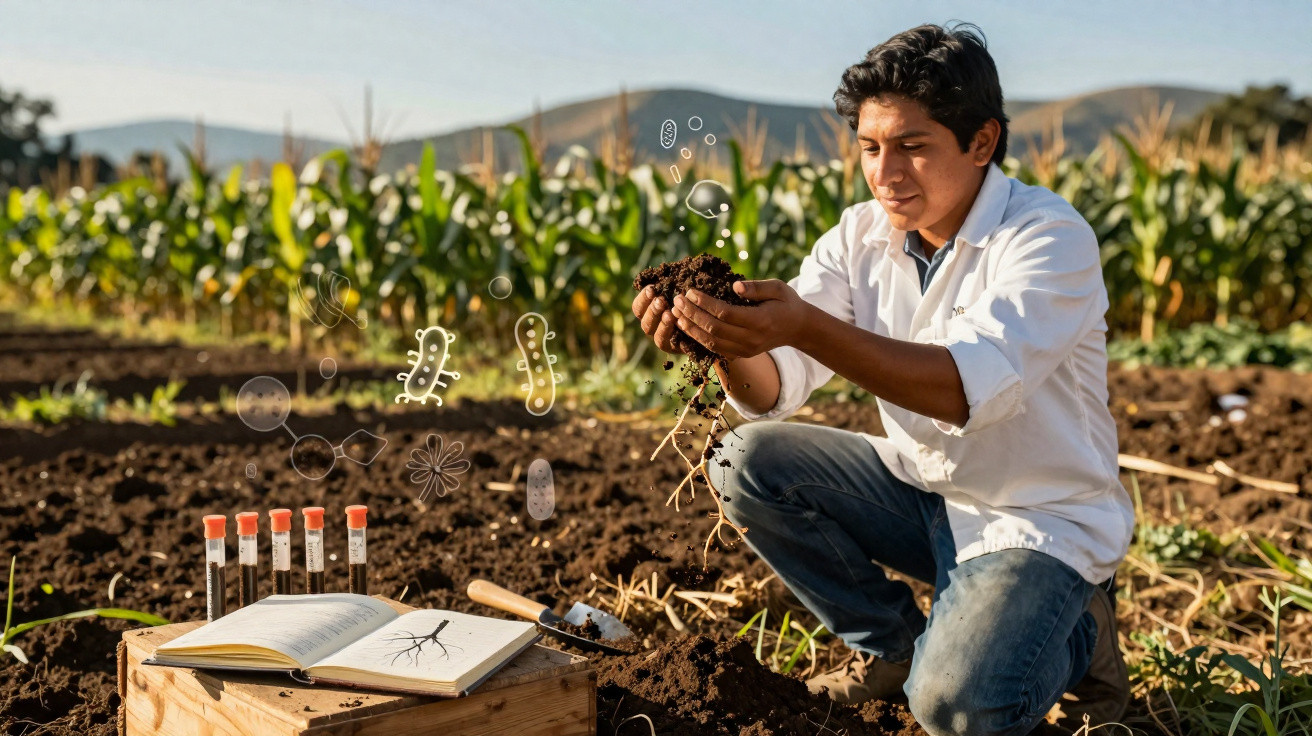 Jeune chercheur examine un échantillon de sol dans un champ, avec carnet et tubes à essai à côté.