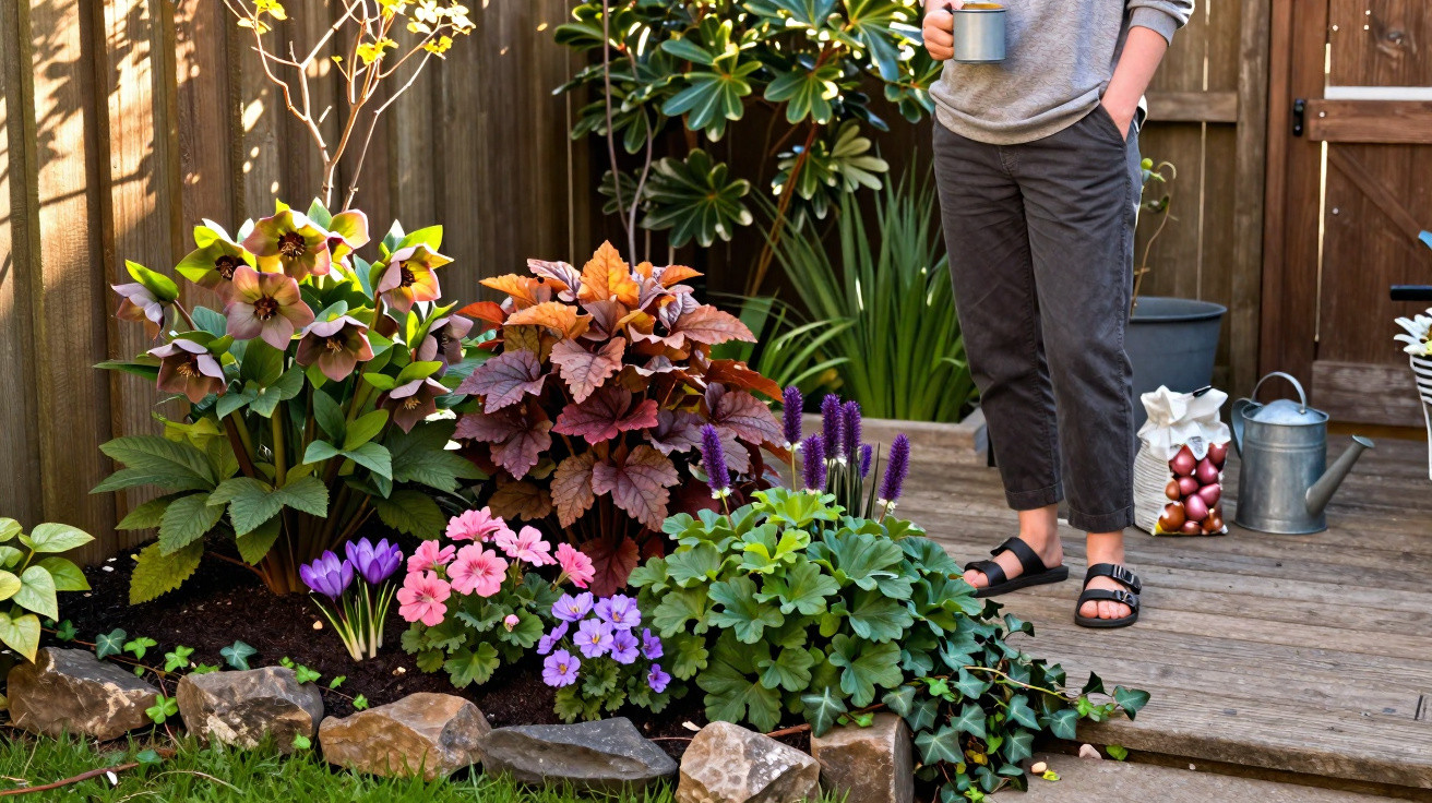 Personne debout sur une terrasse en bois près d’un parterre de fleurs colorées et feuillages variés