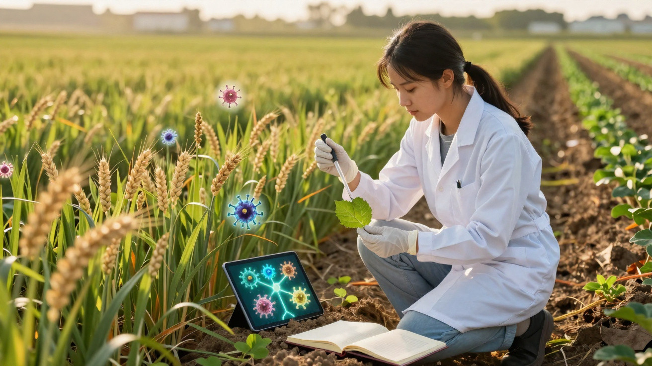 Scientifique en blouse analysant une feuille dans un champ avec tablette et virus virtuels flottants.