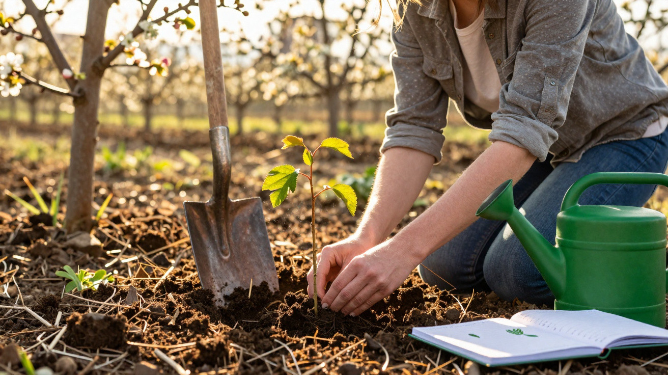 Personne plantant un jeune arbre dans un sol travaillé, arrosoir vert et livre ouvert à côté, en plein air.