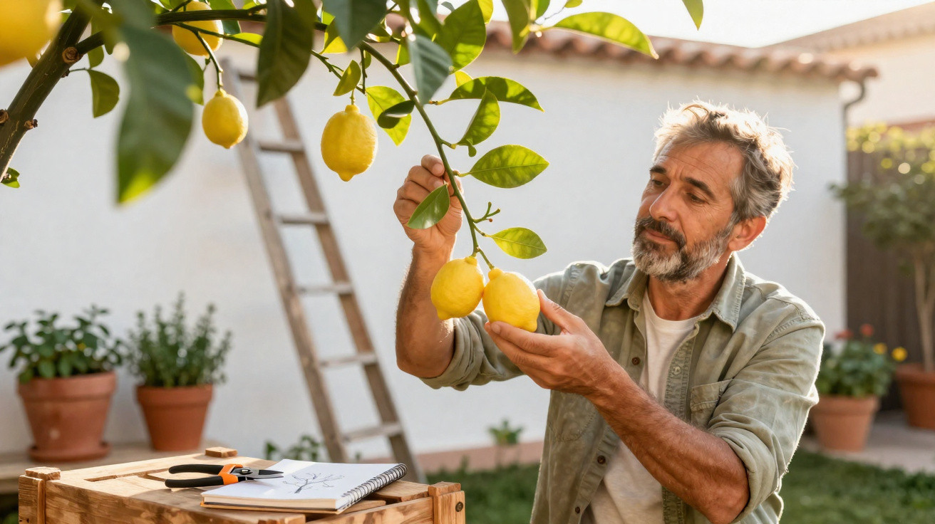 Homme examinant des citrons sur un arbre dans un jardin avec une échelle et des outils à proximité.