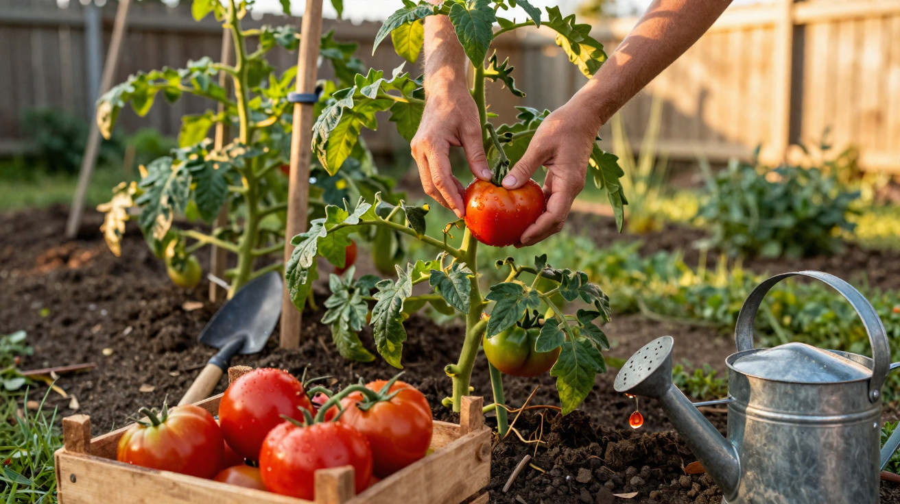 Une personne récolte des tomates rouges dans un jardin potager avec arrosoir et pelle à côté.
