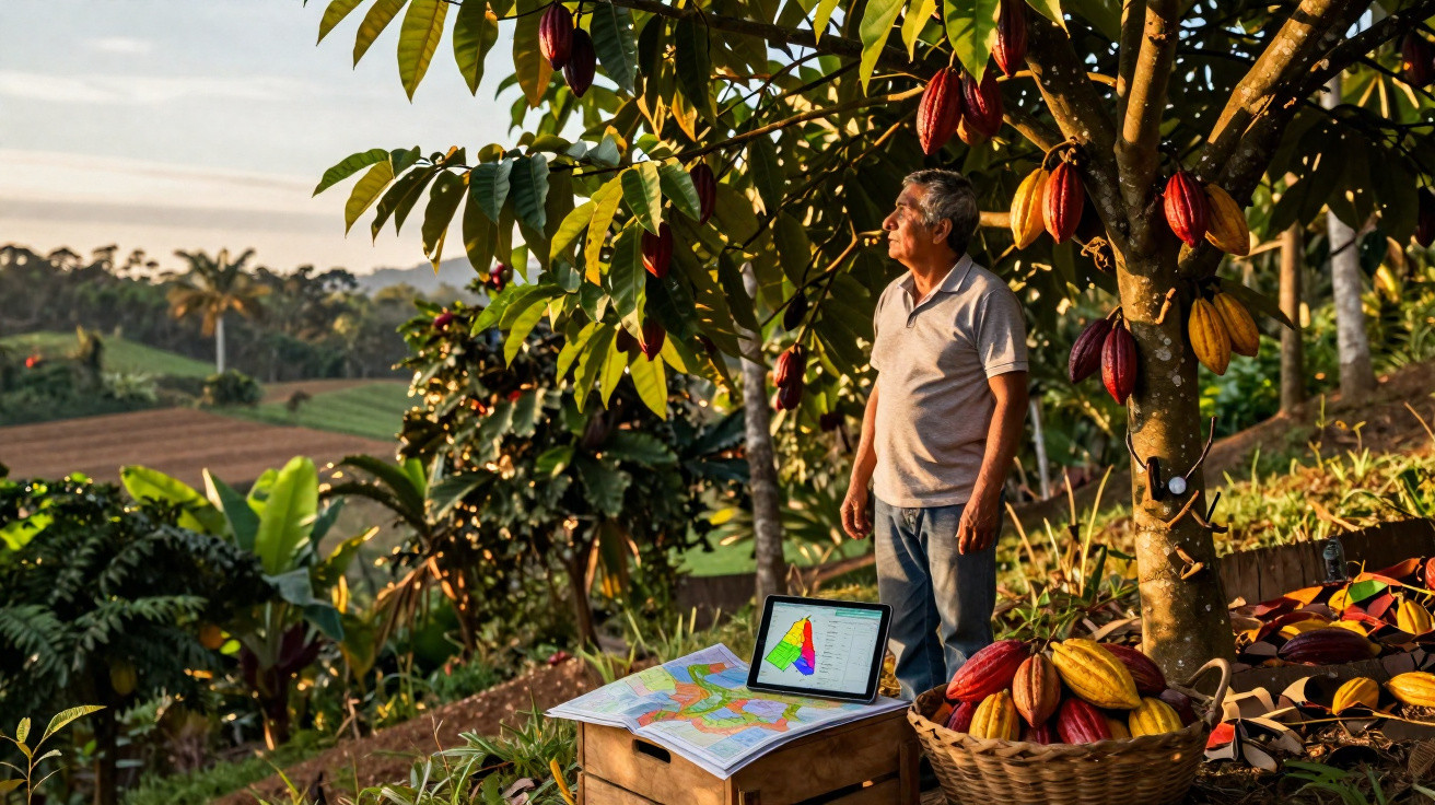 Homme debout sous un cacaoyer avec tablette, carte et paniers de cabosses dans une plantation ensoleillée.