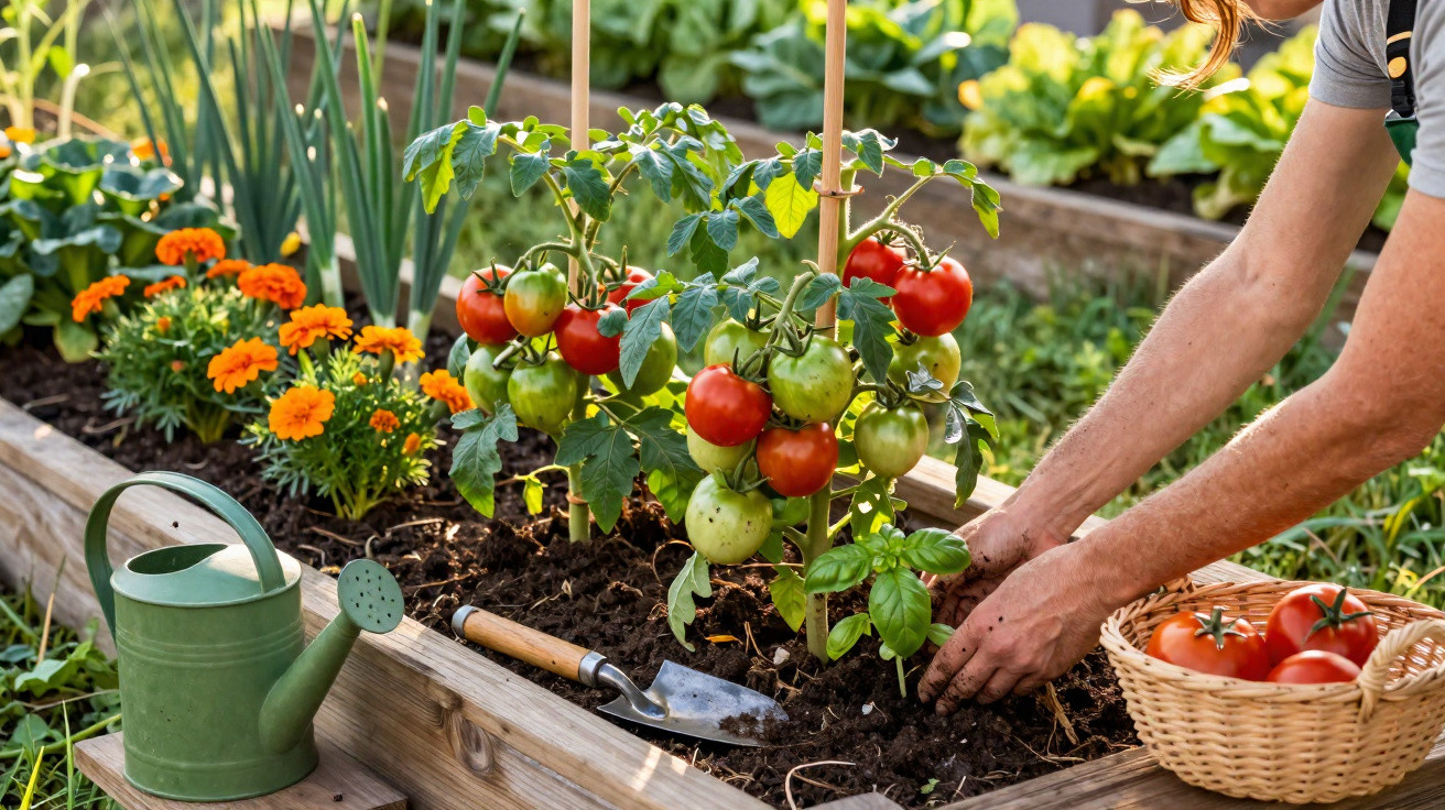 Personne récoltant des tomates dans un potager surélevé avec arrosoir, outils et fleurs ornementales.