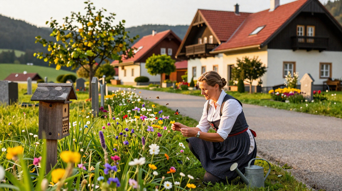 Femme en robe traditionnelle cueillant des fleurs colorées dans un jardin devant des maisons rurales.