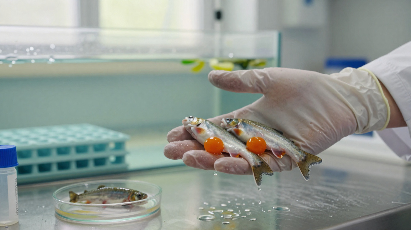 Main gantée tenant deux petits poissons avec oeufs orange, laboratoire scientifique en arrière-plan.