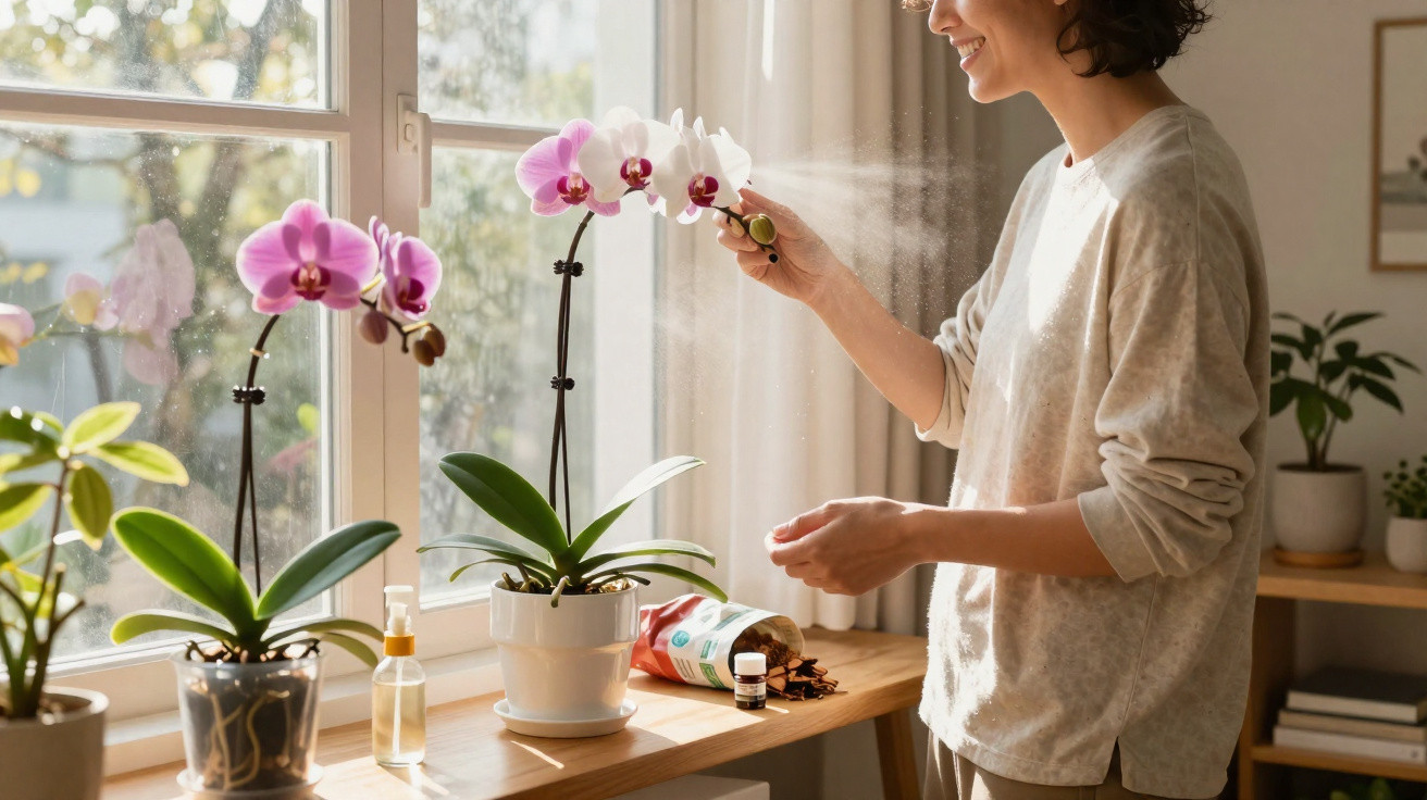 Femme arrosant des orchidées près de la fenêtre dans un intérieur lumineux et calme.