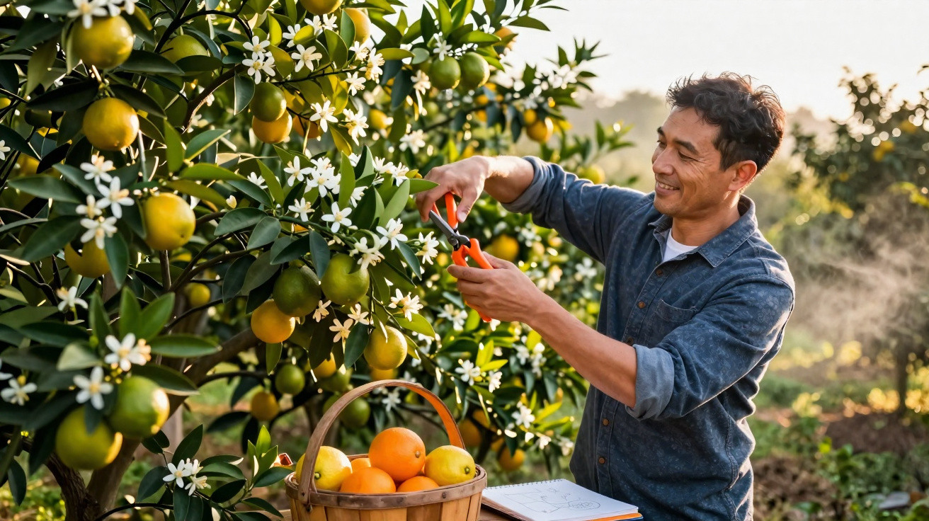Homme coupant des fleurs d'oranger dans un verger, panier de fruits et carnet à côté.