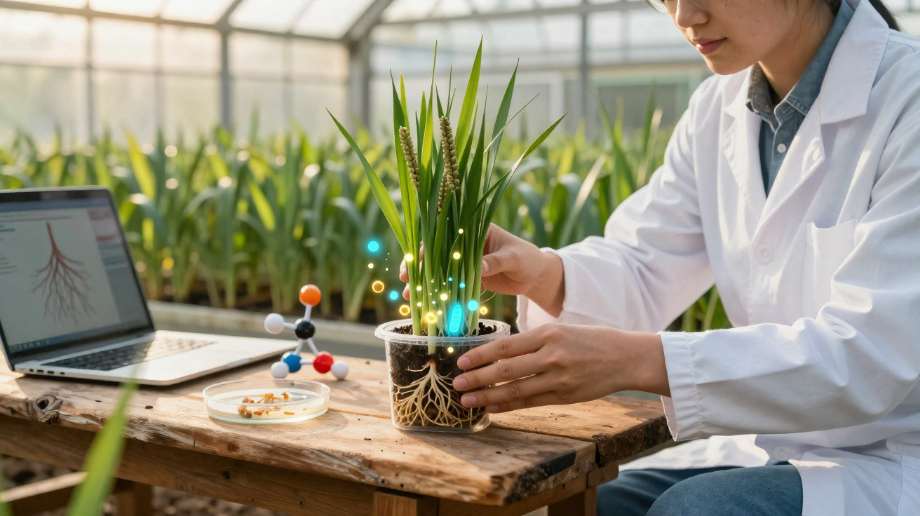 Chercheuse en blouse blanche étudiant une plante en pot avec racines visibles et modèles moléculaires sur une table en bois.
