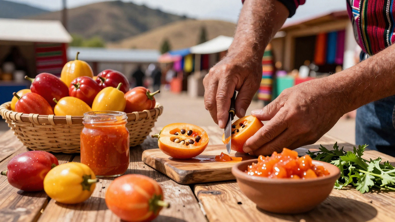Personne coupant un fruit orangé frais sur une table en bois avec confiture, fruits variés et herbes.