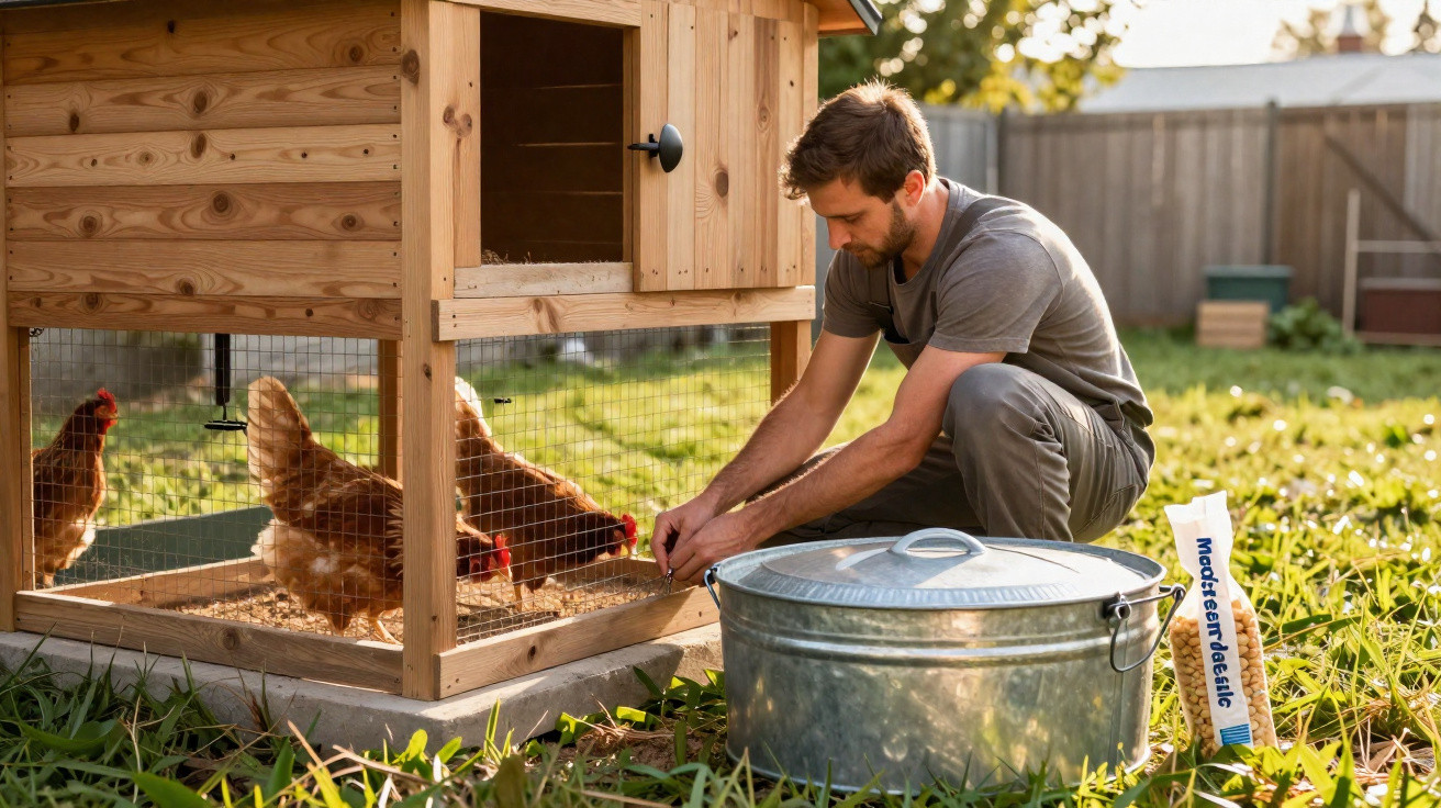 Homme accroupi nourrissant des poules dans un poulailler en bois dans un jardin ensoleillé.