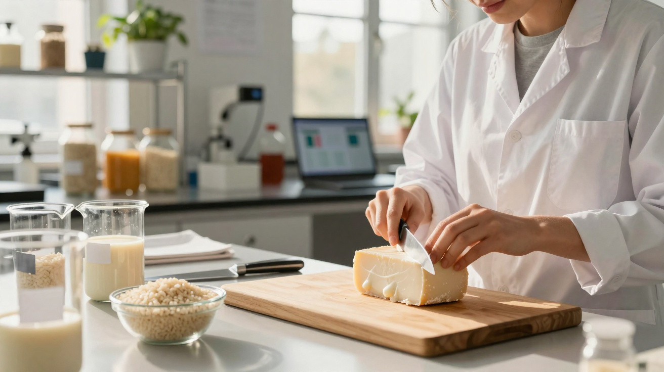 Personne en blouse blanche coupant un bloc de fromage sur une planche en bois dans un laboratoire de cuisine.