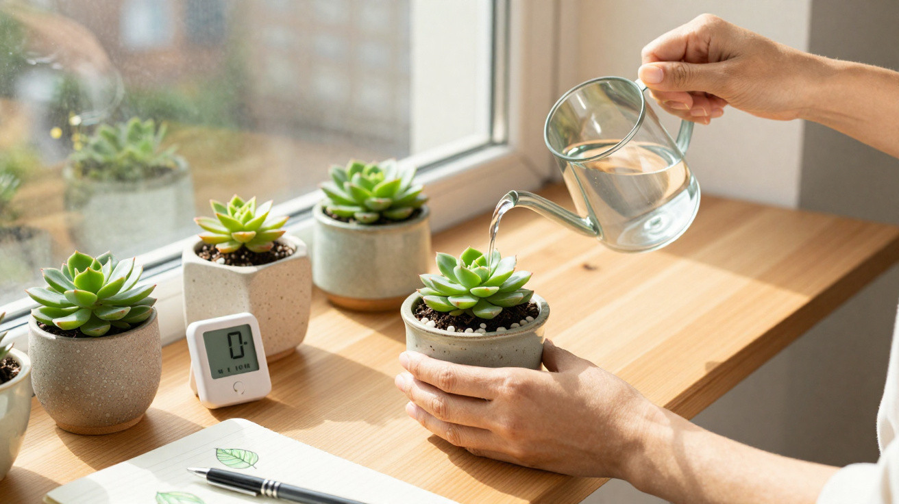 Personne arrosant une plante succulente près d'une fenêtre avec plusieurs autres plantes et un minuteur sur la table.