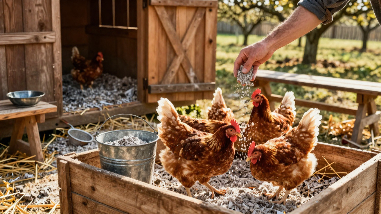 Main d’homme nourrissant des poules rousses dans un enclos en bois près d’un poulailler en bois.