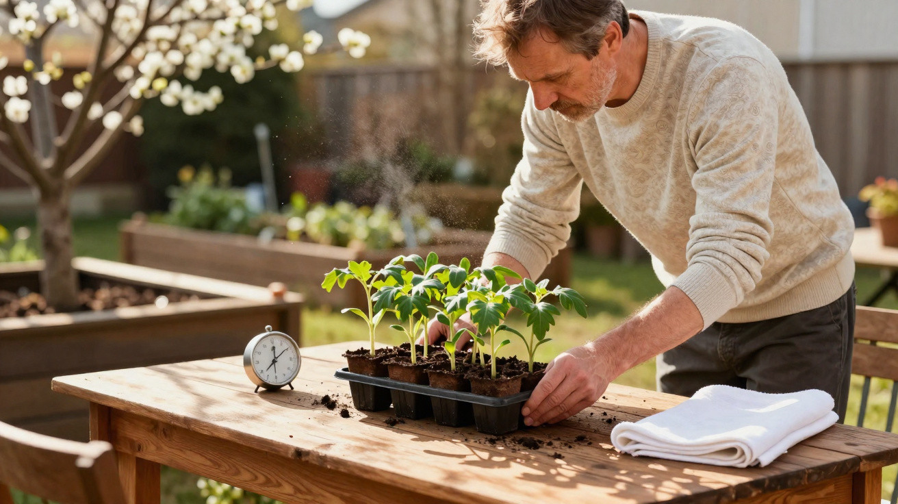 Homme prenant soin de plants dans seaux au soleil sur une table en bois dans un jardin au printemps.