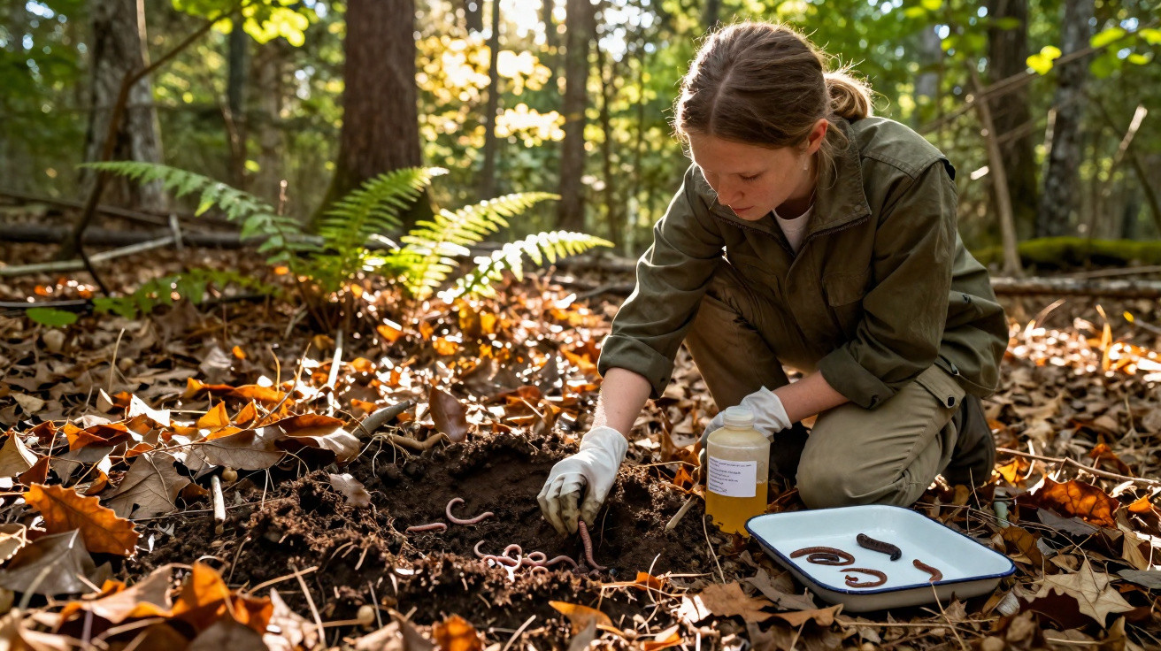 Femme en tenue de terrain ramassant des vers de terre dans une forêt en automne avec un plateau et un pot à côté.